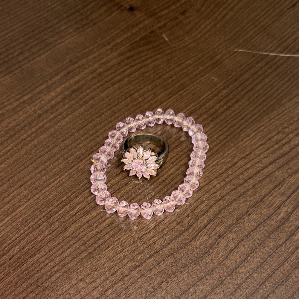 Elegant Pink Crystal Bracelet and Ring Set size 9 ring